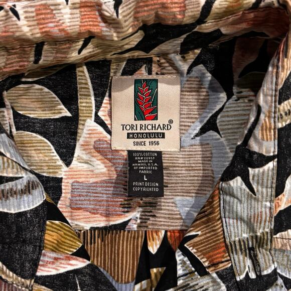 Tori Richard Honolulu Large Texture Cotton Aloha Shirt Black Tropical Leaf Print - Picture 2 of 5